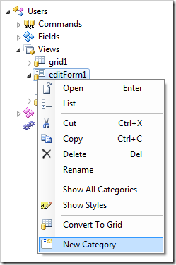 New Category context mneu option for editForm1 view.