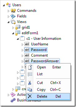 Deleting the data fields 'Password' and 'PasswordAnswer'.