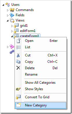 New Category context mneu option for 'createForm1' view.