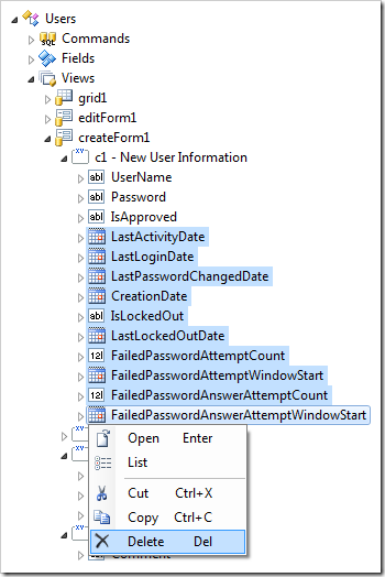 Deleting the unnecessary data fields from createForm1 view.