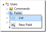 The 'List' option for Fields node of Users controller.