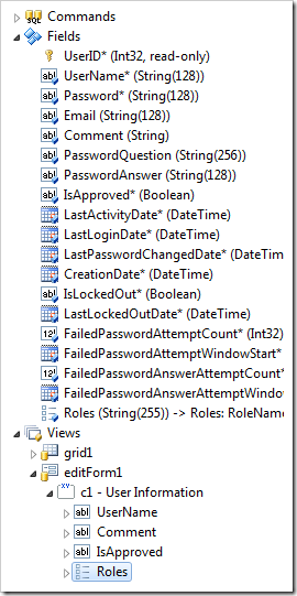 'Roles' data field created in 'editForm1' view.