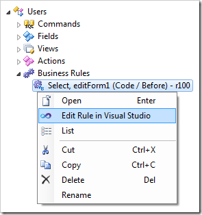 Context menu option 'Edit Rule in Visual Studio' for a business rule.