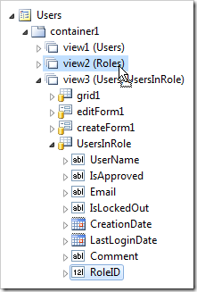 Dropping 'RoleID' data field of UsersInRole view onto 'view2' in Users page.
