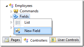New Field context menu option for Employees controller in Code On Time web application generator.
