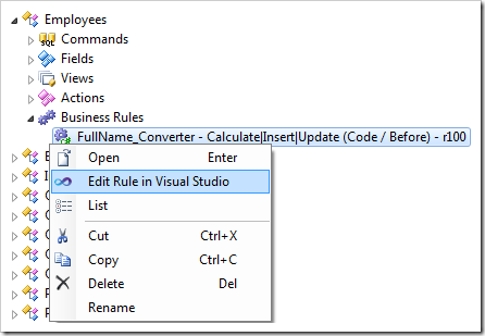 Edit Rule in Visual Studio context menu option for 'FullName_Converter' business rule node.