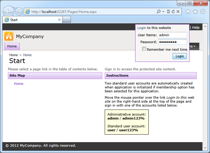  A fly-over login dialog of a web app with custom membership and role providers created with Code On Time application generator