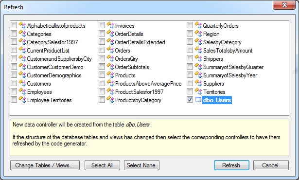 Adding 'Users' table as a data controller to an existing project created with Code On Time web app generator