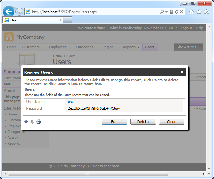 A user account displayed in 'editForm1' of data controller 'Uses'