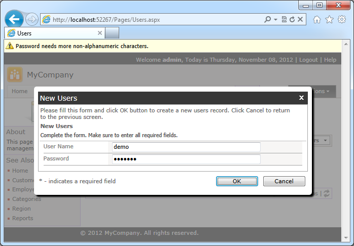 Password validation errors displayed in a user manager in the app with custom membership and role providers