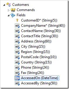 AccessedOn field under the Customers controller in the Project Explorer.