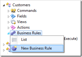 New Business Rule context menu option for Customers controller in the Project Explorer.