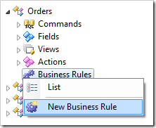 New Business Rule context menu option for Orders controller in the Project Explorer.