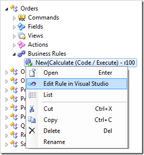Edit Rule in Visual Studio context menu option for a business rule will open the file in Visual Studio.