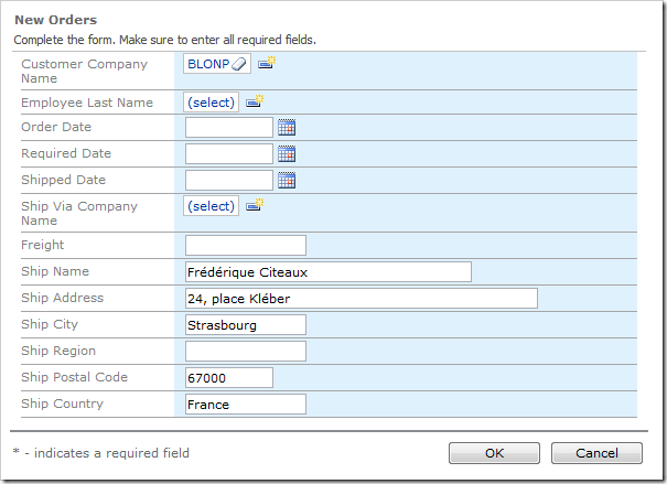 Once a customer is selected, the shipping information is copied.