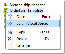 Edit in Visual Studio context menu option for a user control node in the Project Explorer.