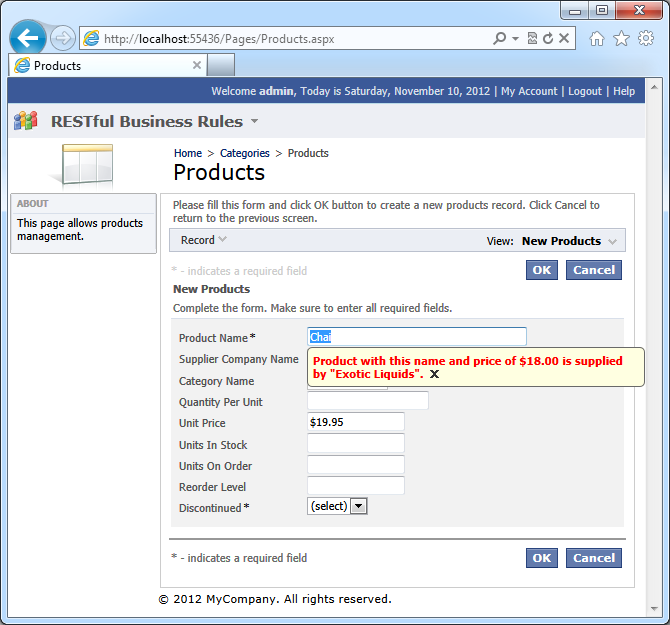 JavaScript business rule cancels 'Insert' action and displayes duplicate product info next to 'ProductName' field if a user clicks 'Cancel' button in confirmation window.