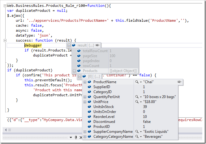 JSON response to a request for a product in Debug mode as presented by Visual Studio 2012