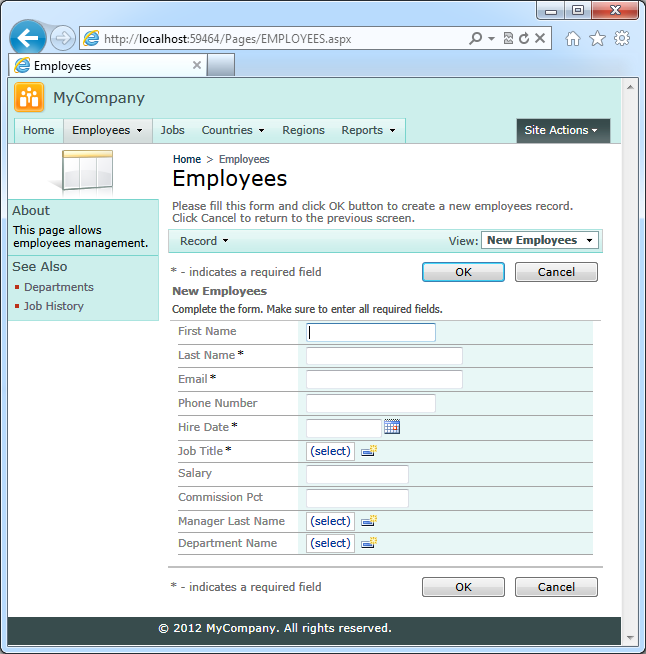 Page 'Employees' displaying 'createForm1' view in a project created from the sample HR database available with Oracle database engines