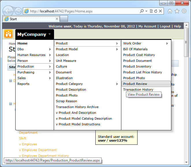 Adventure Works sample with 'Navigation Button' menu created with Code On Time web application generator. The button has been activated to select another page.