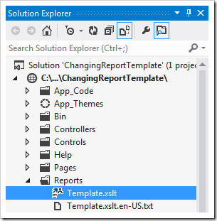 Report template file selected in Visual Studio's 'Solution Explorer'.