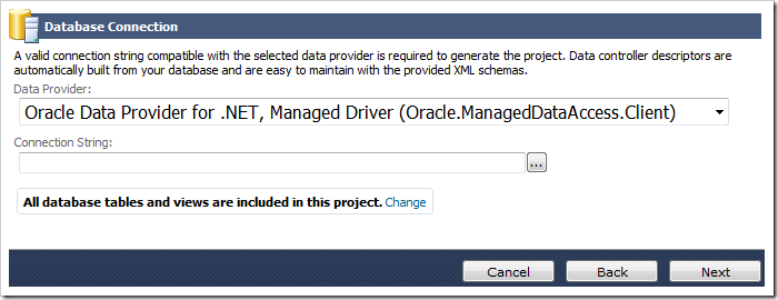 Selecting the 'Oracle Data Provider for .NET, Managed Driver' for the Data provider dropdown on the Database Connection screen. 