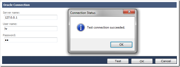 Alert showing that test connection succeeded for the Oracle connection string.