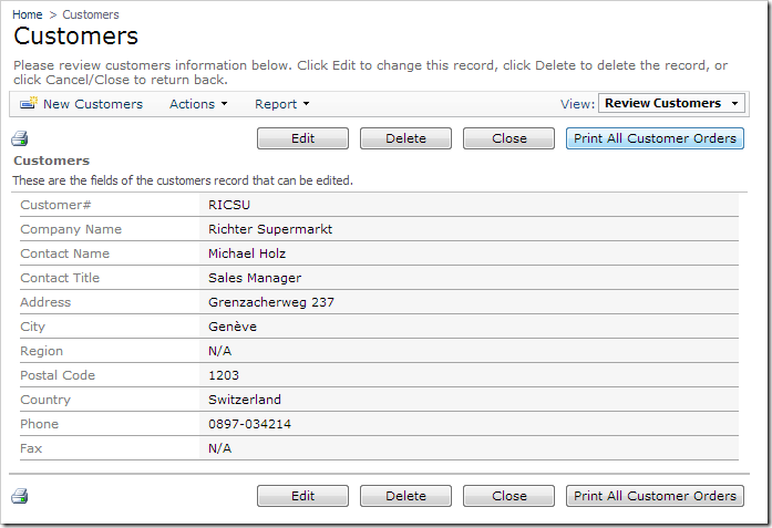 Printing a report of orders filtered by the current customer.