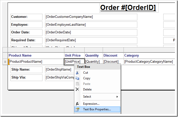 Activating 'Text Box Properties' context menu option for 'UnitPrice' cell.