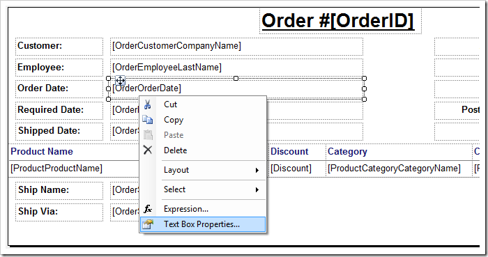 Activating 'Text Box Properties' context menu option for 'OrderDate' field.