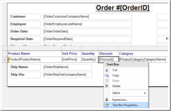 Activating 'Text Box Properties' context menu option for 'Discount' field.