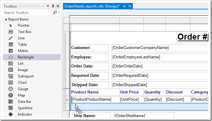 Dropping a rectangle into the footer row.