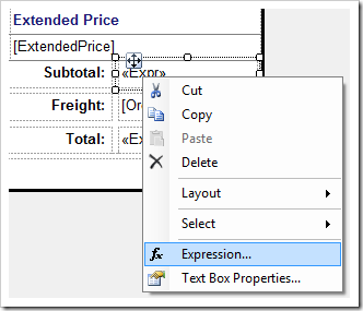Activating the Expression context menu option for 'Subtotal' field.