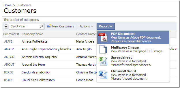 Printing a PDF Report from Customers grid view.