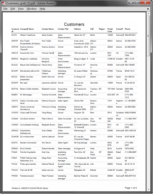 Report created from 'Customers' grid view oriented as portrait.