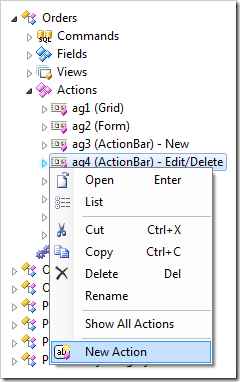 Creating a new action in action group 'ag4' of Orders controller.