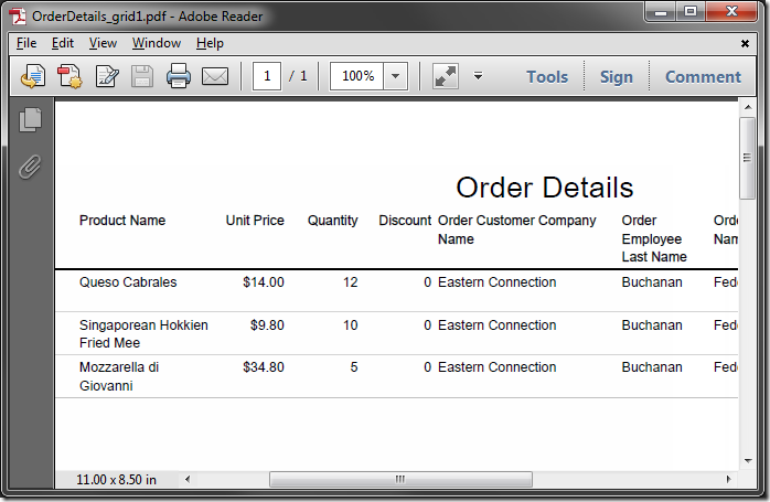 Report of order detail records filtered according to the selected order.