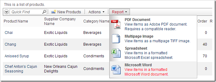 Default Report (Word) action highlighted in the Report menu of action bar.