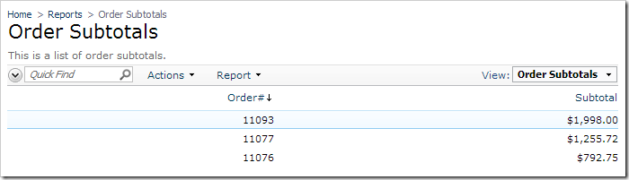 Committed order displayed on Order Subtotals page.