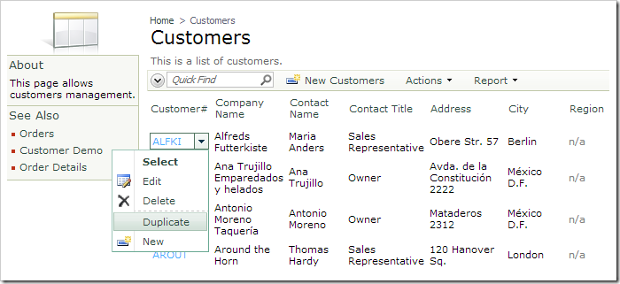 Activating 'Duplicate' context menu option for a Customers record.