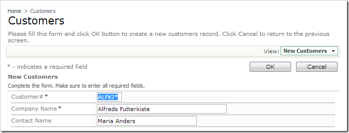 The 'CustomerID' field is appended with an asterisk.