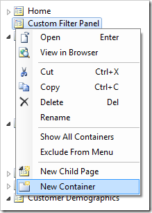 Adding a new container to the 'Custom Filter Panel' page.