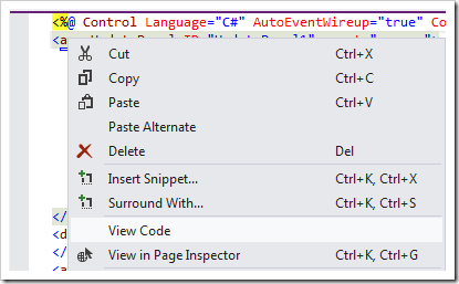 'View Code' context menu option for the user control file in Visual Studio.