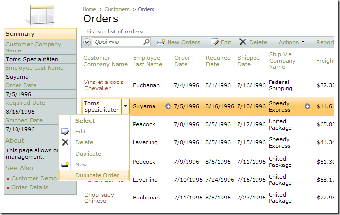 Activating the context menu option 'Duplicate Order'.