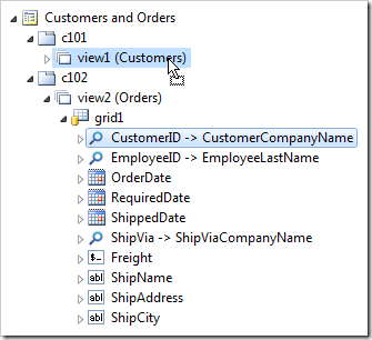 Dropping CustomerID field onto 'view1' to create a master-detail relationship.