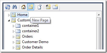 Creating a new page using the icon on the Project Explorer toolbar.