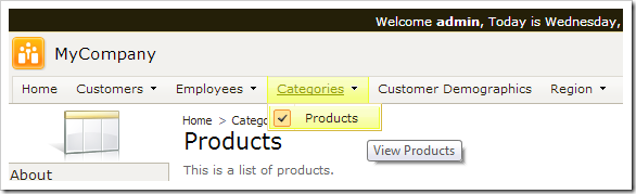 Products page is available in the navigation menu when logged in as 'admin'.