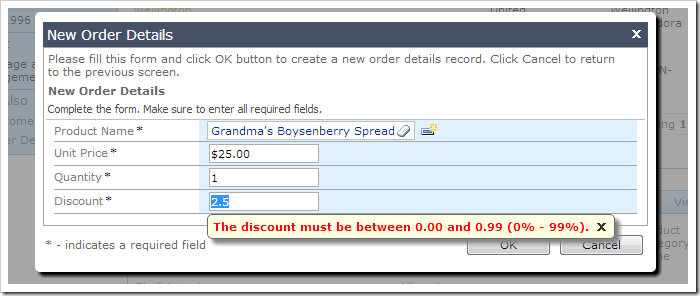 Percentage validation of 'Discount' field.