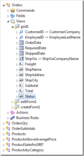 Data field for 'Status' created in 'grid1' view.