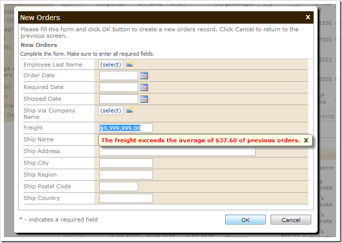 The business rule returned the average value from the stored procedure and displayed a message next to the Freight field.